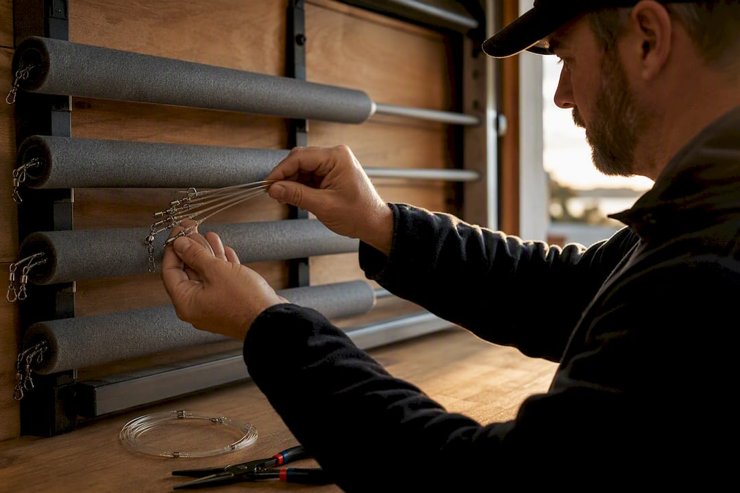 Pre-tied salmon leaders stored in pipe insulation
