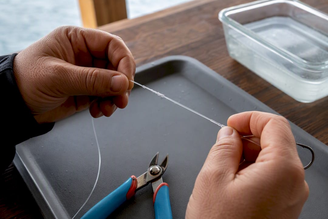 Angler inspecting worn salmon leader line