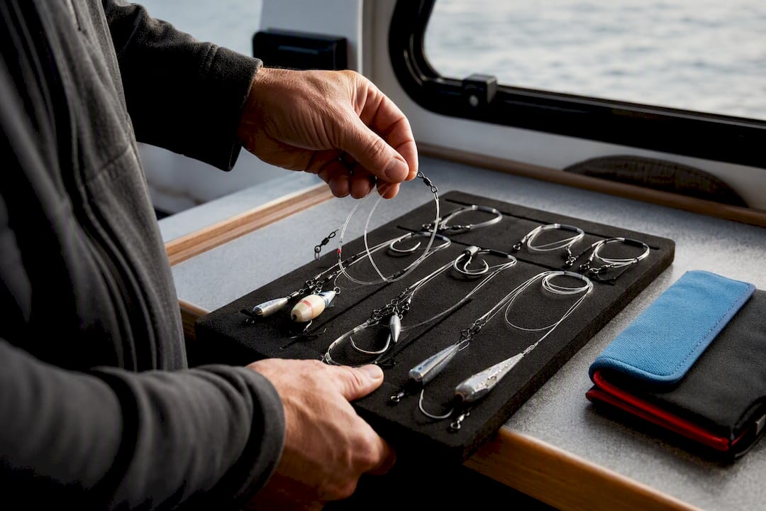 Angler selecting pre-tied fishing leader