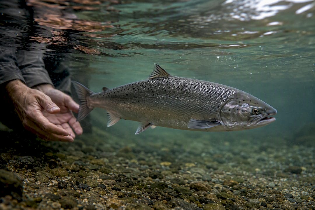 Released salmon swimming from angler hands