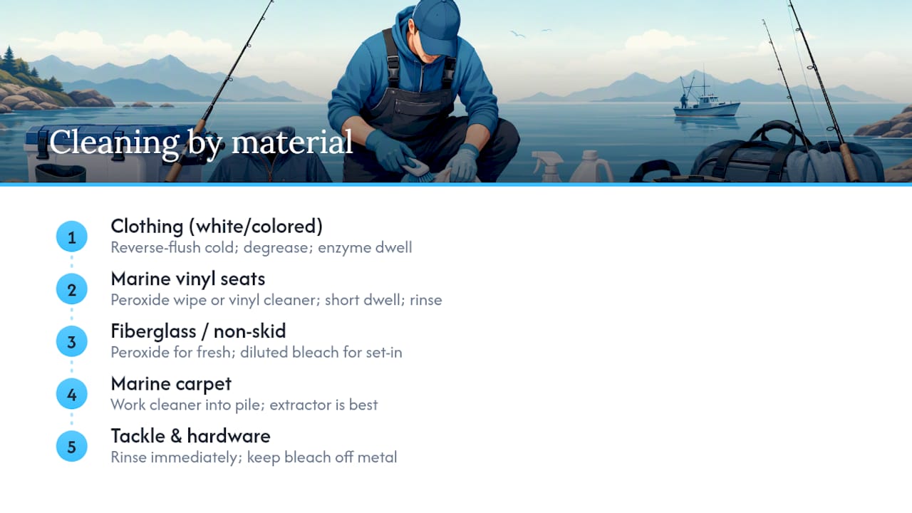 Cleaning methods matched to five fishing surfaces