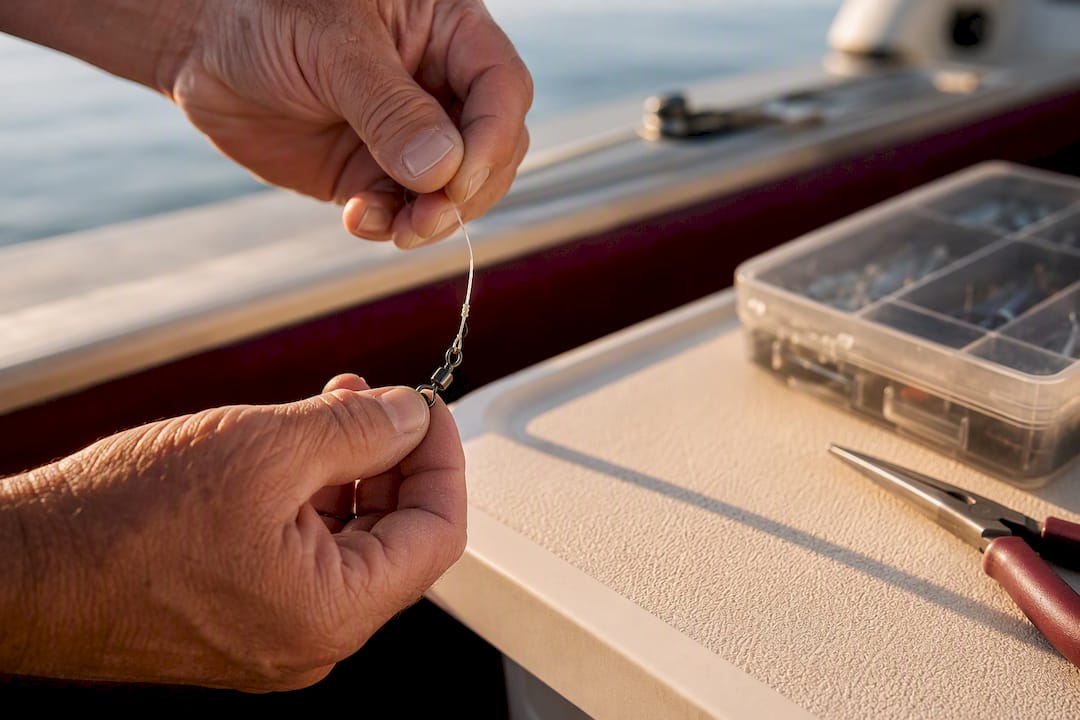 Hands clipping a spare swivel to fishing line