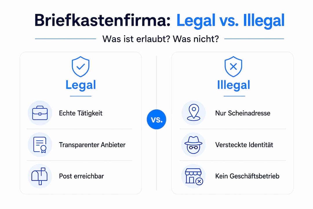 Eine Infografik zeigt die Unterschiede zwischen legalen und illegalen Briefkastenfirmen auf.