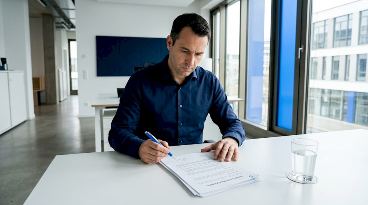 Ein Mann sichtet Unterlagen zur geschäftlichen Anschrift.