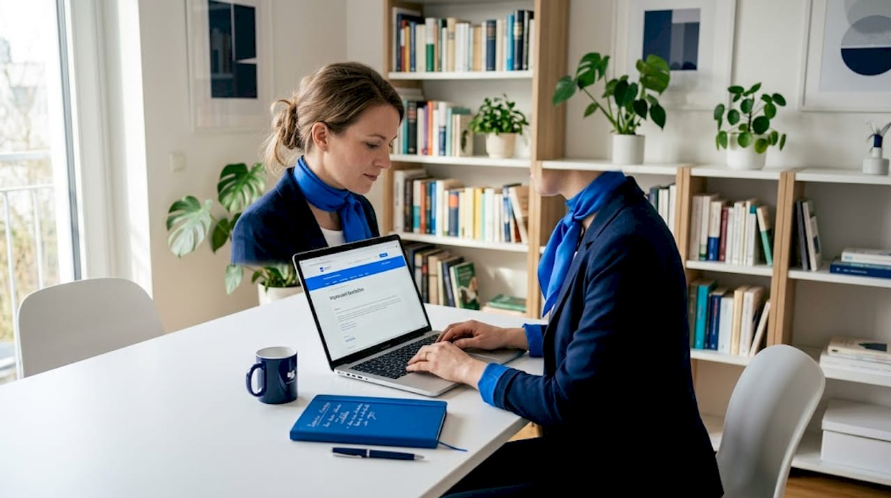 Eine Frau sitzt am Küchentisch und arbeitet konzentriert am Laptop, um sensible Daten zu schützen.