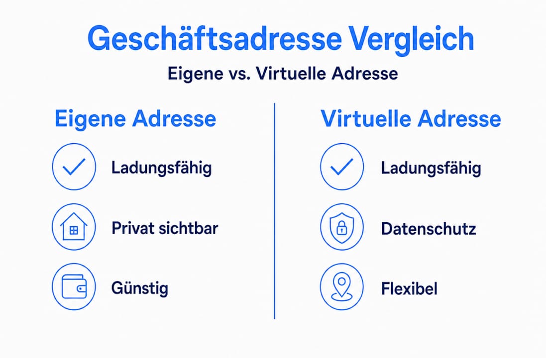 Infografik: Eigene Geschäftsadresse vs. virtuelle Geschäftsadresse im direkten Vergleich
