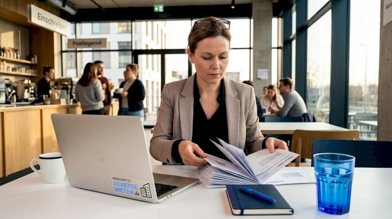 Eine Geschäftsfrau sitzt am Schreibtisch und sortiert weitergeleitete Geschäftspost.