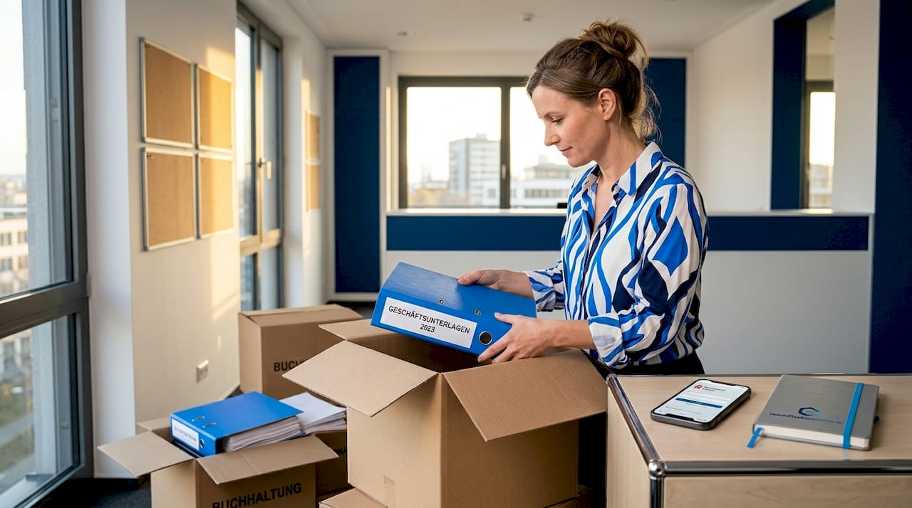 Eine Mitarbeiterin sortiert ihre Unterlagen für den Umzug ins neue Büro.