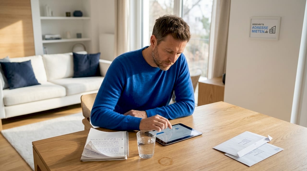 Ein Freelancer sitzt mit seinem Tablet am Küchentisch und arbeitet konzentriert.