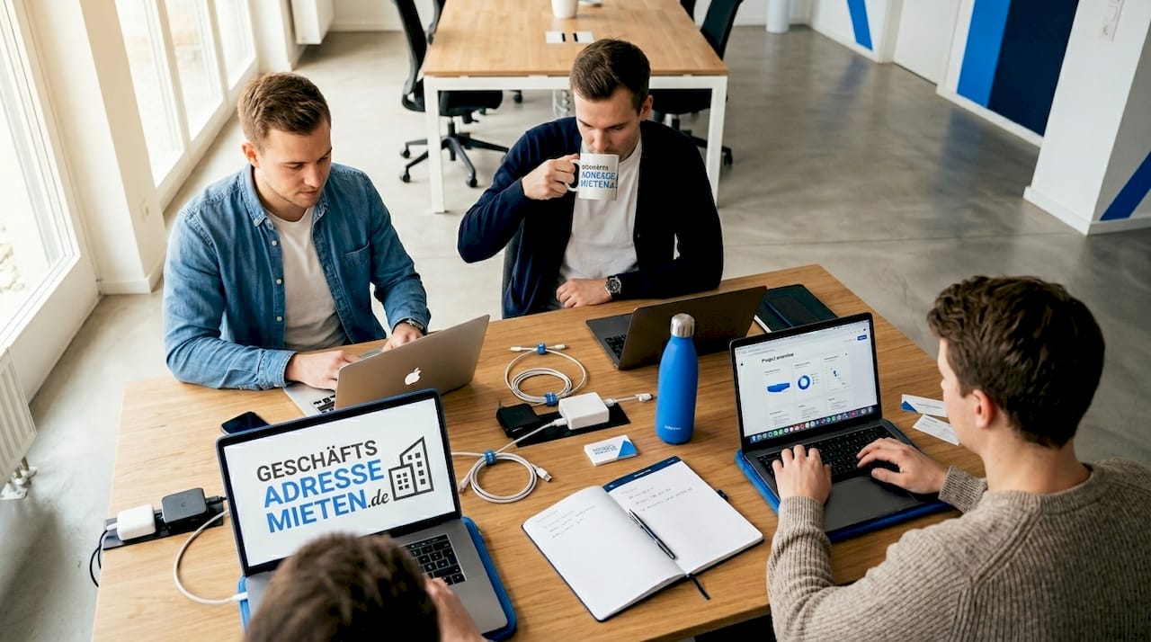 Ein junges Startup-Team arbeitet gemeinsam im Coworking Space – natürlich mit Laptops und jeder Menge kreativer Ideen.