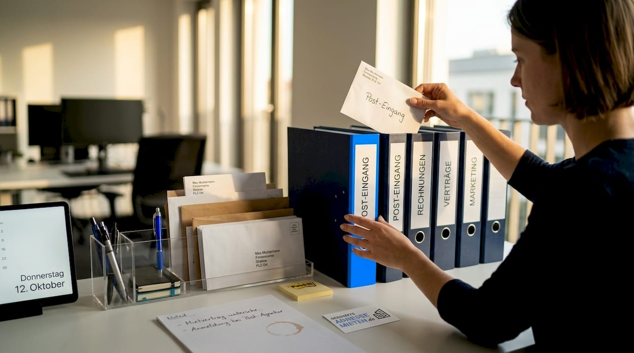 Ein Mitarbeiter sortiert Geschäftspost auf dem Schreibtisch im Büro.