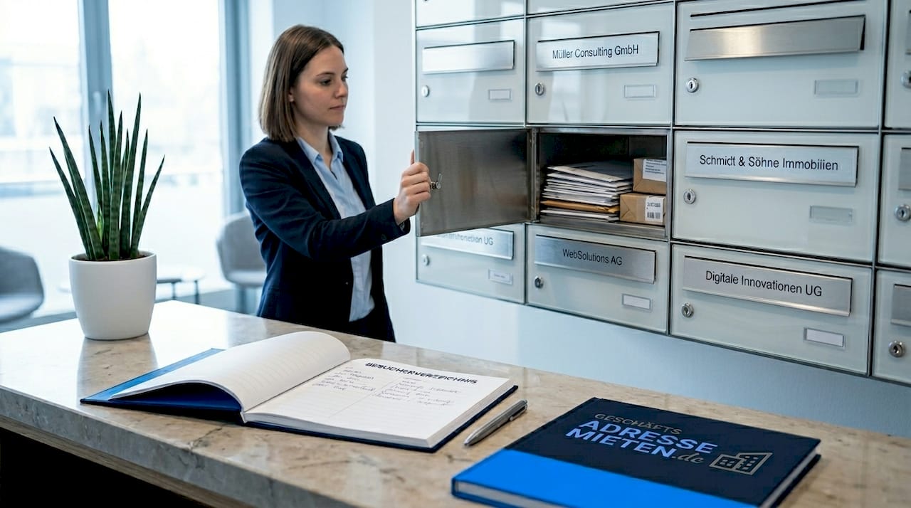 Eine Hand öffnet das Postfach am Empfang eines virtuellen Büros.