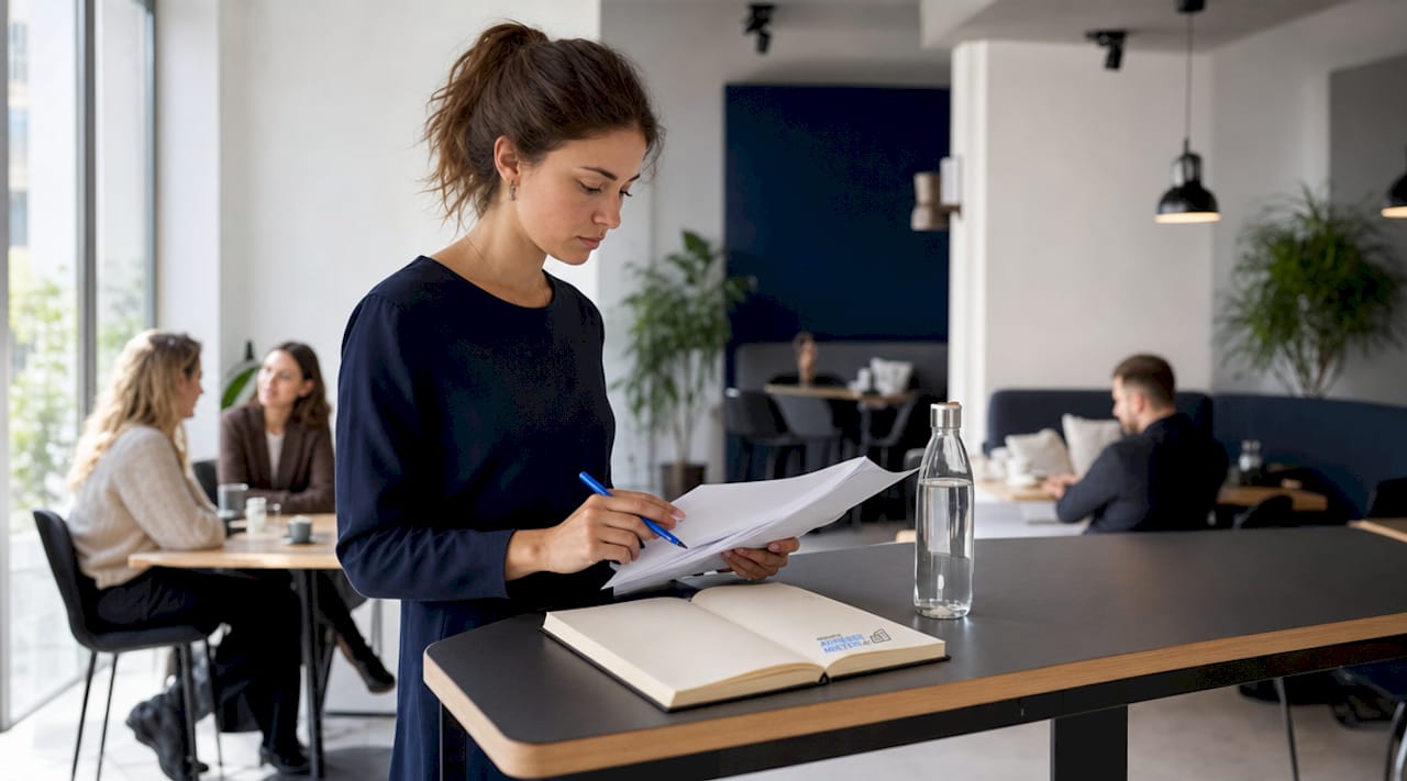 Eine Frau arbeitet an einem modernen Schreibtisch in einem virtuellen Büro.