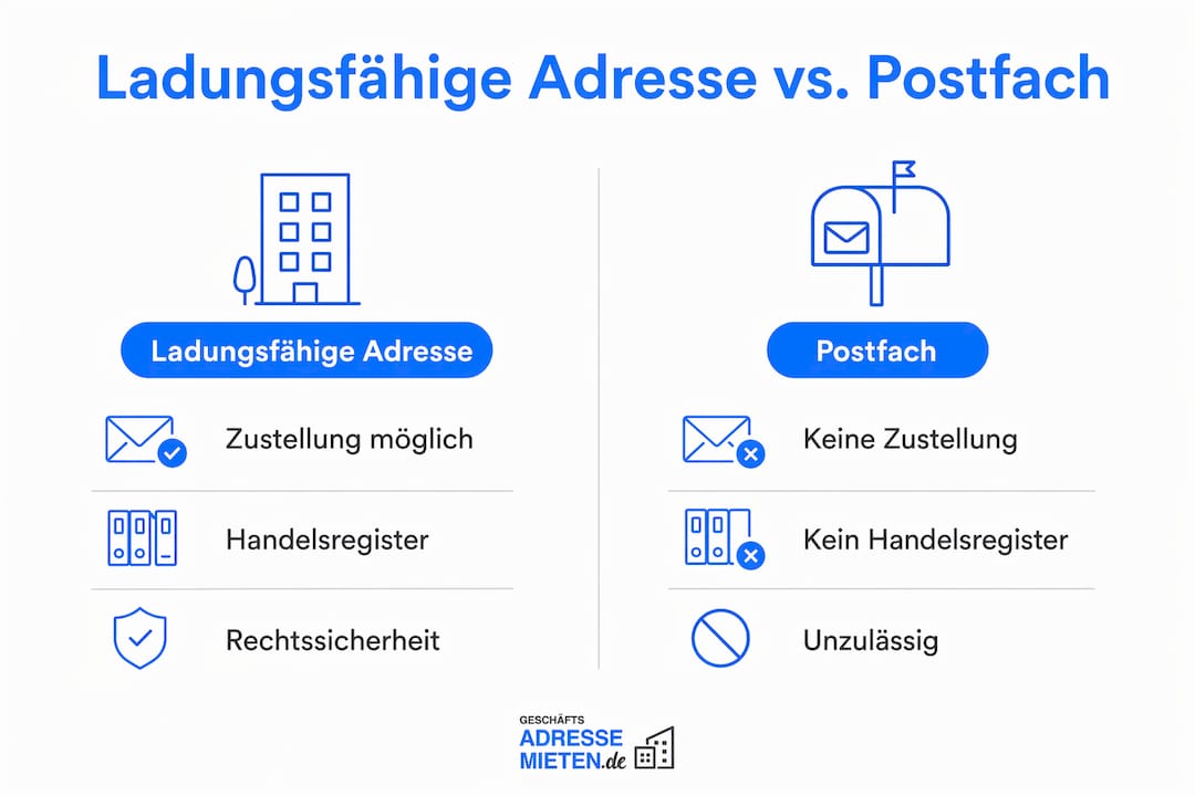 Infografik: Ladungsfähige Adresse vs. Postfach – ein Überblick im Vergleich