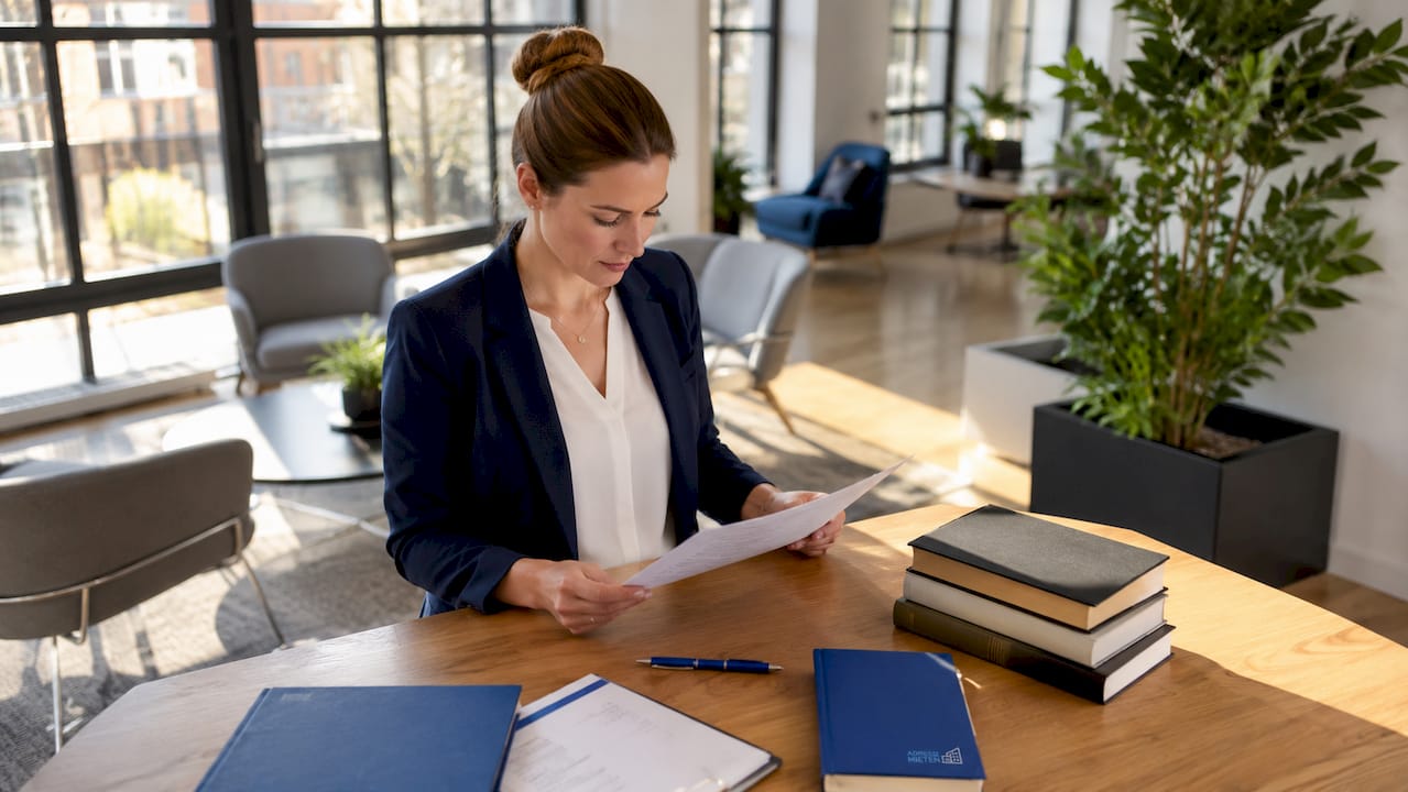 Eine berufstätige Frau arbeitet konzentriert am Laptop, während neben ihr juristische Fachliteratur liegt.