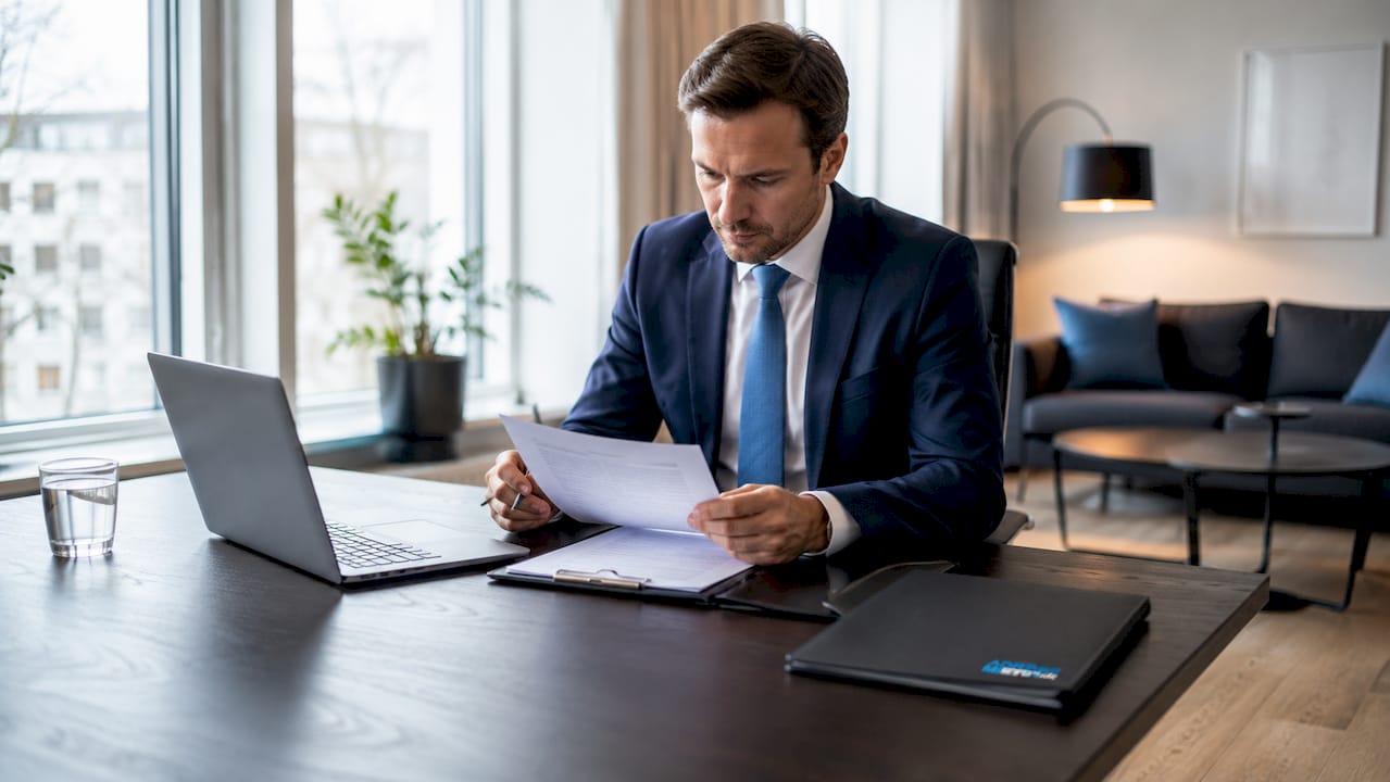 Eine Person sitzt am Schreibtisch und hält einen Vertrag sowie einen Stift in den Händen, bereit zum Unterschreiben.