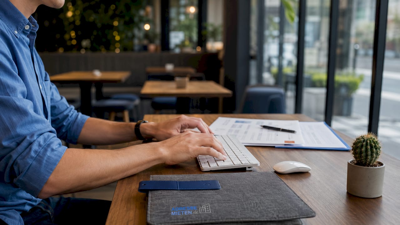 Von oben fotografiert: Hände tippen auf einer Tastatur, daneben liegen Vertragsunterlagen.