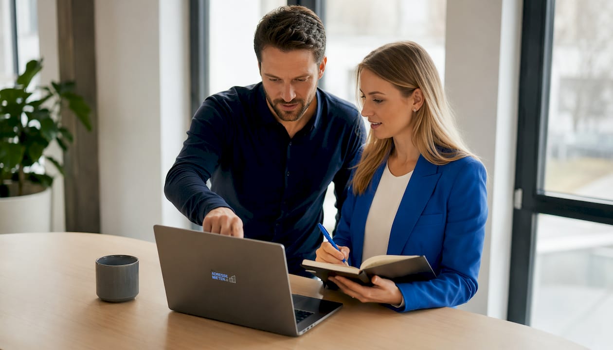 Zwei Leute unterhalten sich im Coworking-Space darüber, ob und wann ein Impressum auf der eigenen Website Pflicht ist.