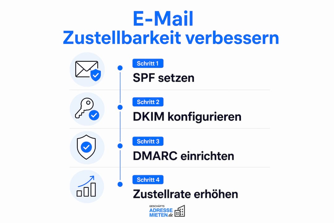 Die Infografik veranschaulicht, wie Sie mit SPF, DKIM und DMARC die Zustellrate Ihrer E-Mails effektiv steigern können.