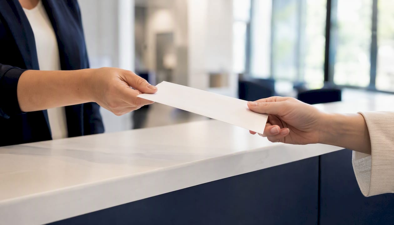Am Empfang übergibt eine Person der anderen Post.
