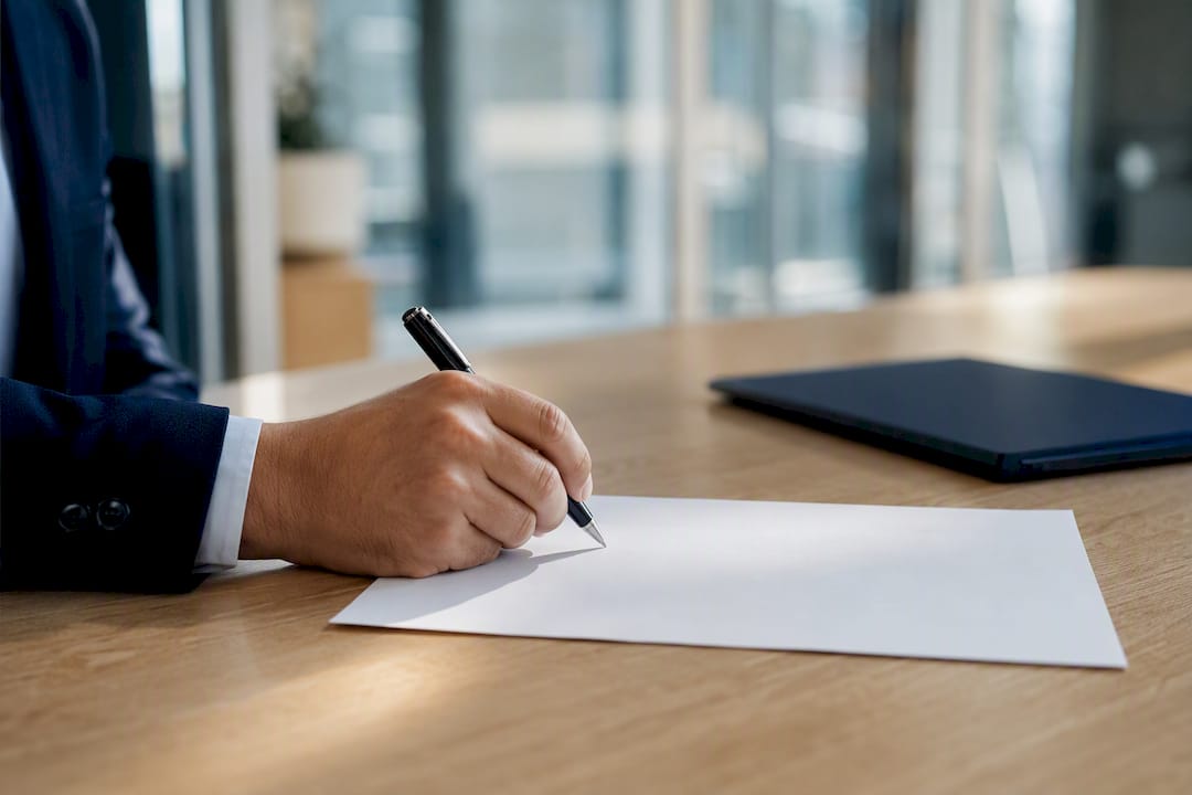 Hand unterschreibt Vertrag auf dem Schreibtisch