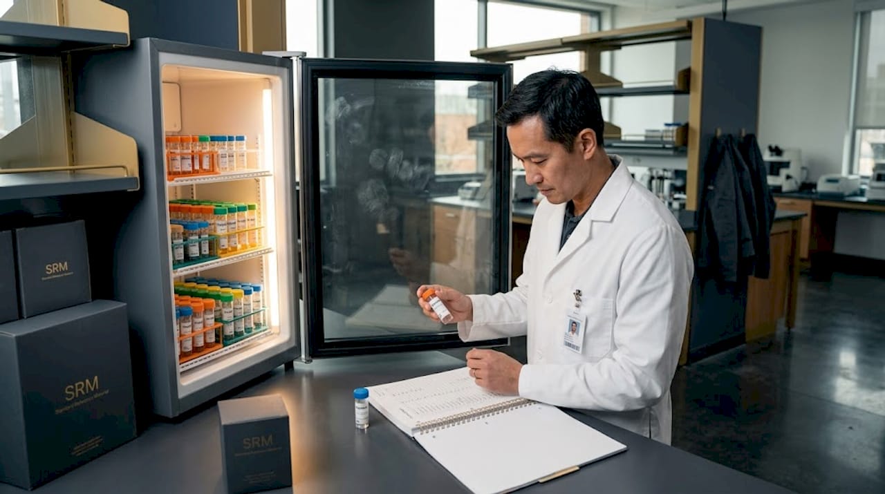 Researcher checking peptide vials for SRM quality