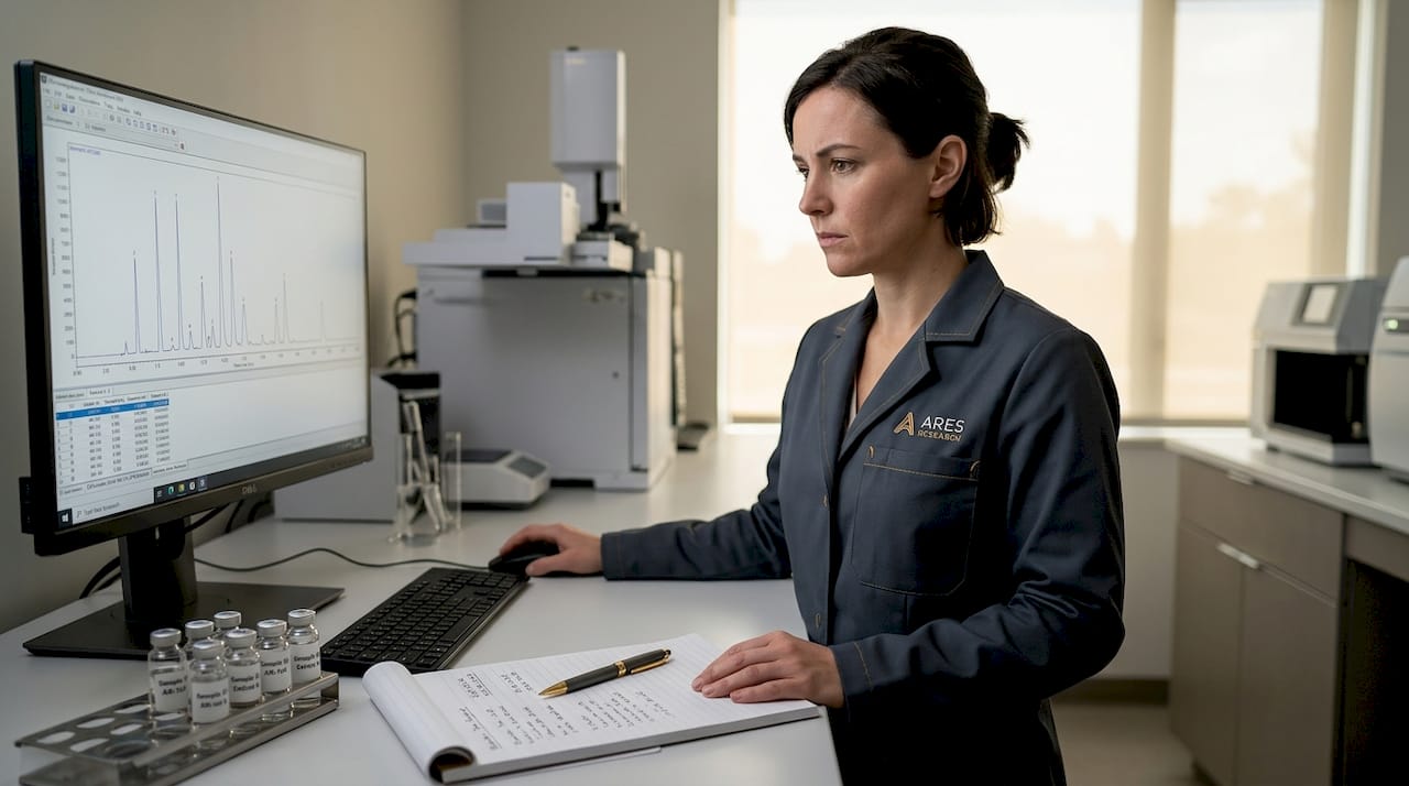 Analyst checks chromatogram at chemistry workstation