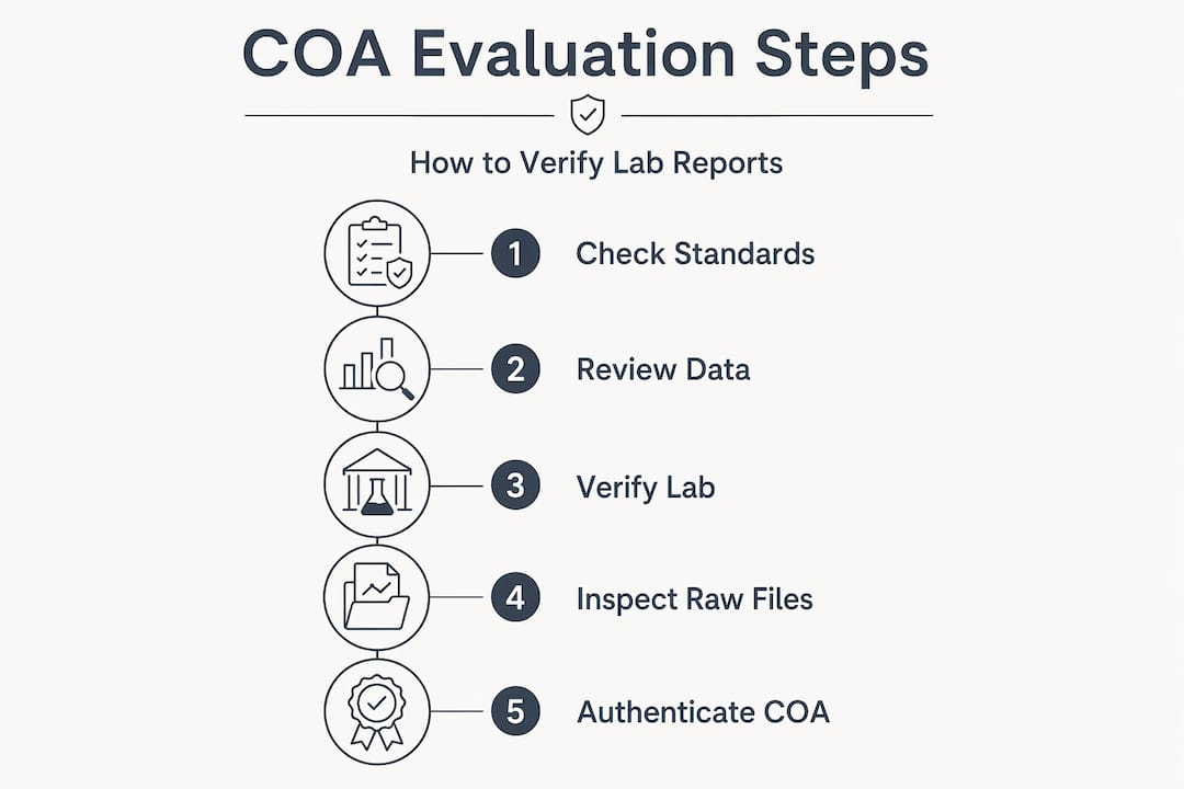 Infographic showing COA lab report evaluation steps