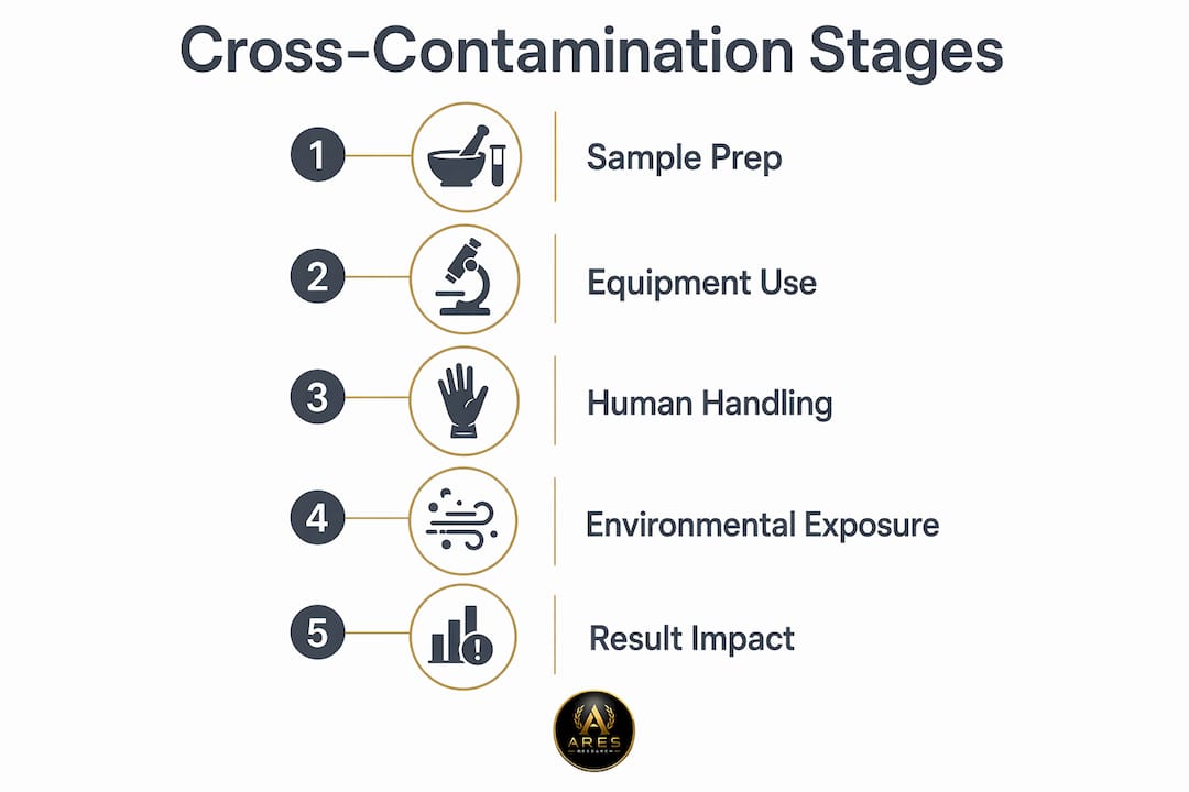 Infographic illustrating stages of cross-contamination in labs