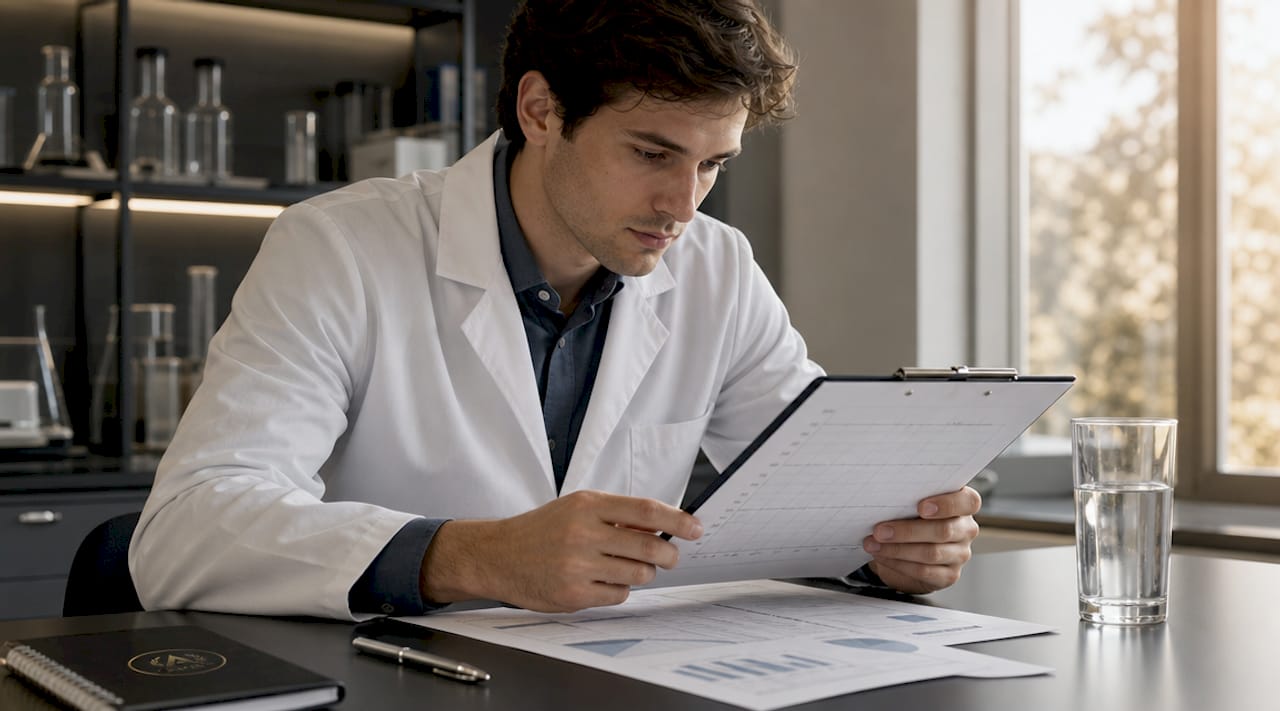 Scientist reviewing blank control data on tablet
