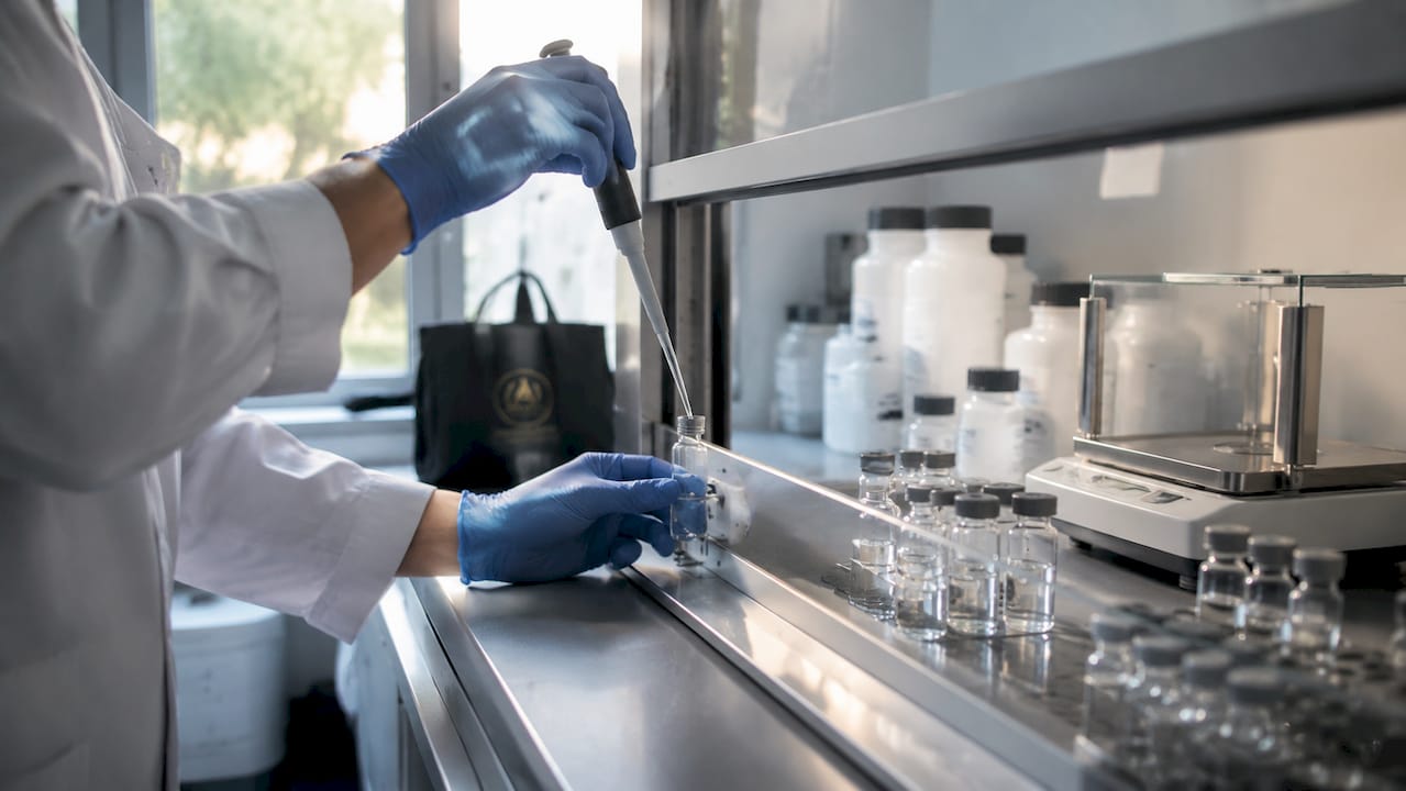 Hands loading peptide sample into liquid chromatography autosampler