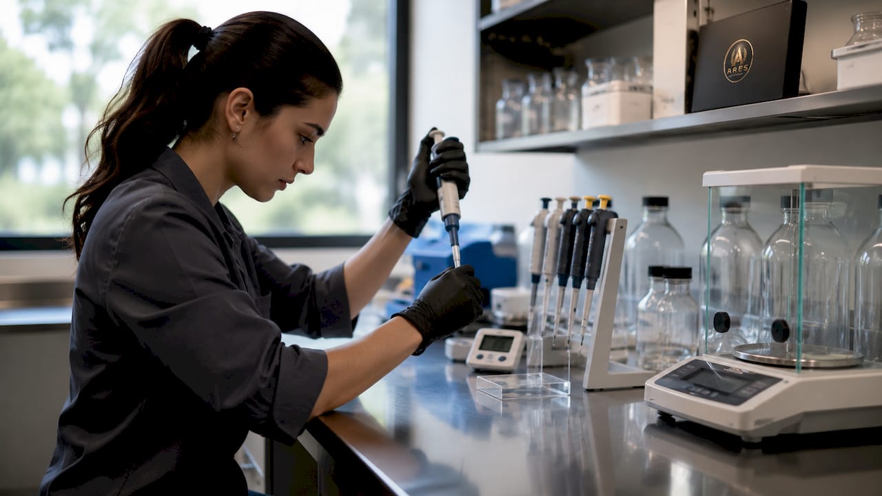 Hands calibrating pipette with weights in lab