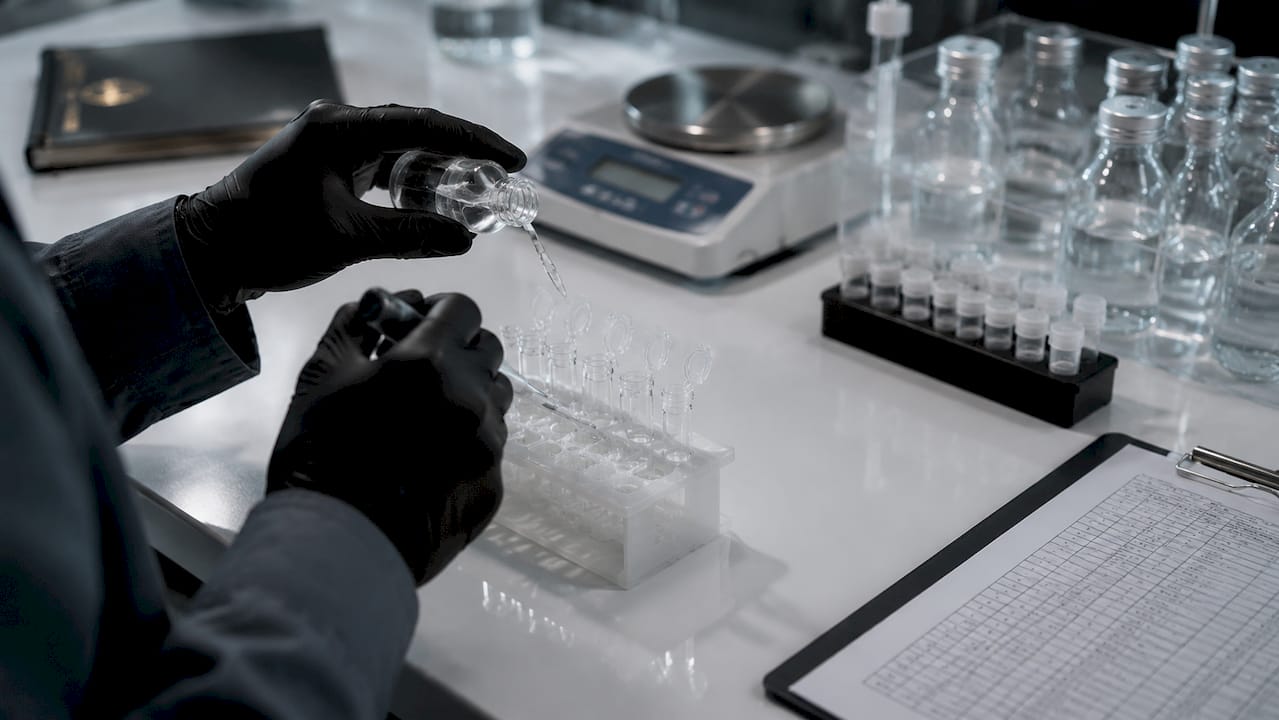 Gloved hands pipetting calibration standards in lab
