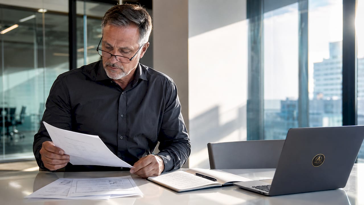 Procurement officer evaluating chemical supplier documents in office