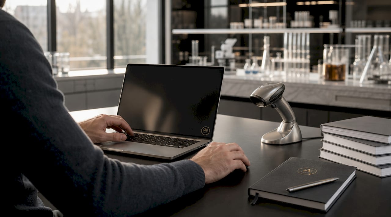 Hands operating lab inventory software on desktop