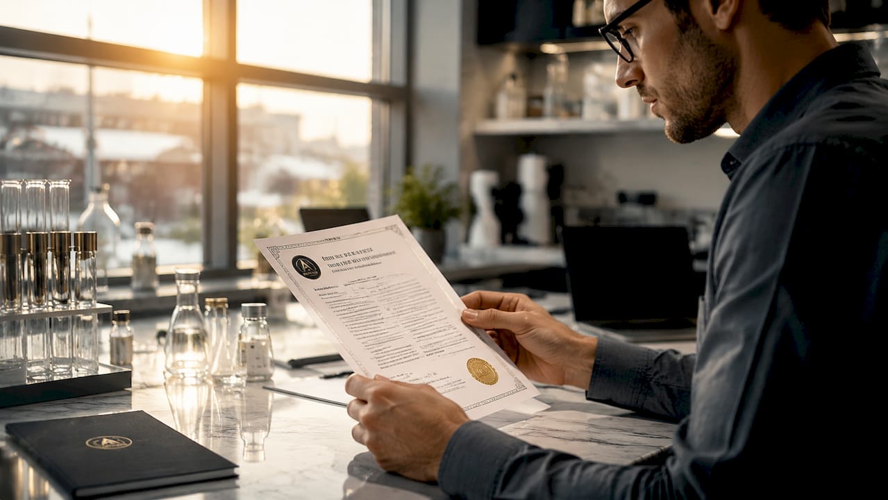 Hands holding certificate with product identification