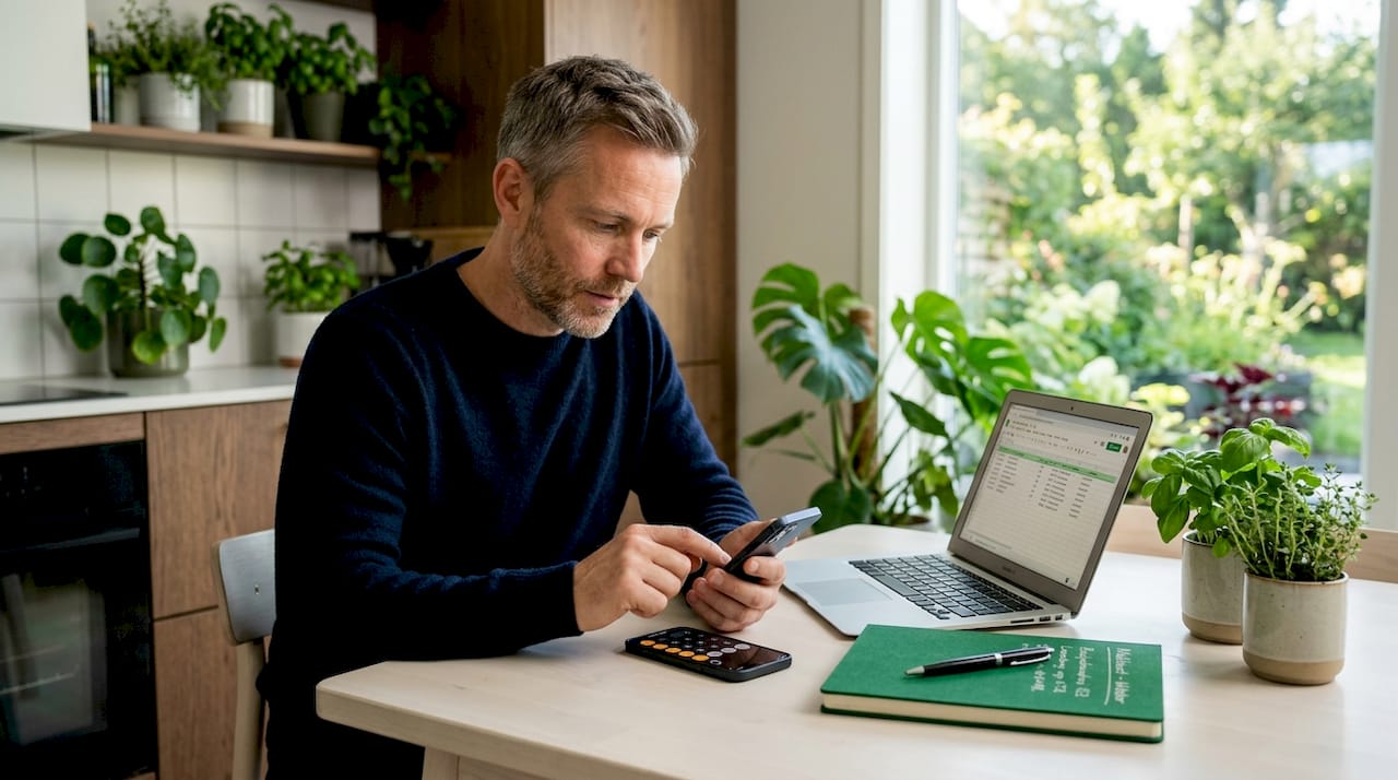 En mann sjekker og sammenligner ulike mobilabonnement for å finne ut hva den totale kostnaden blir.