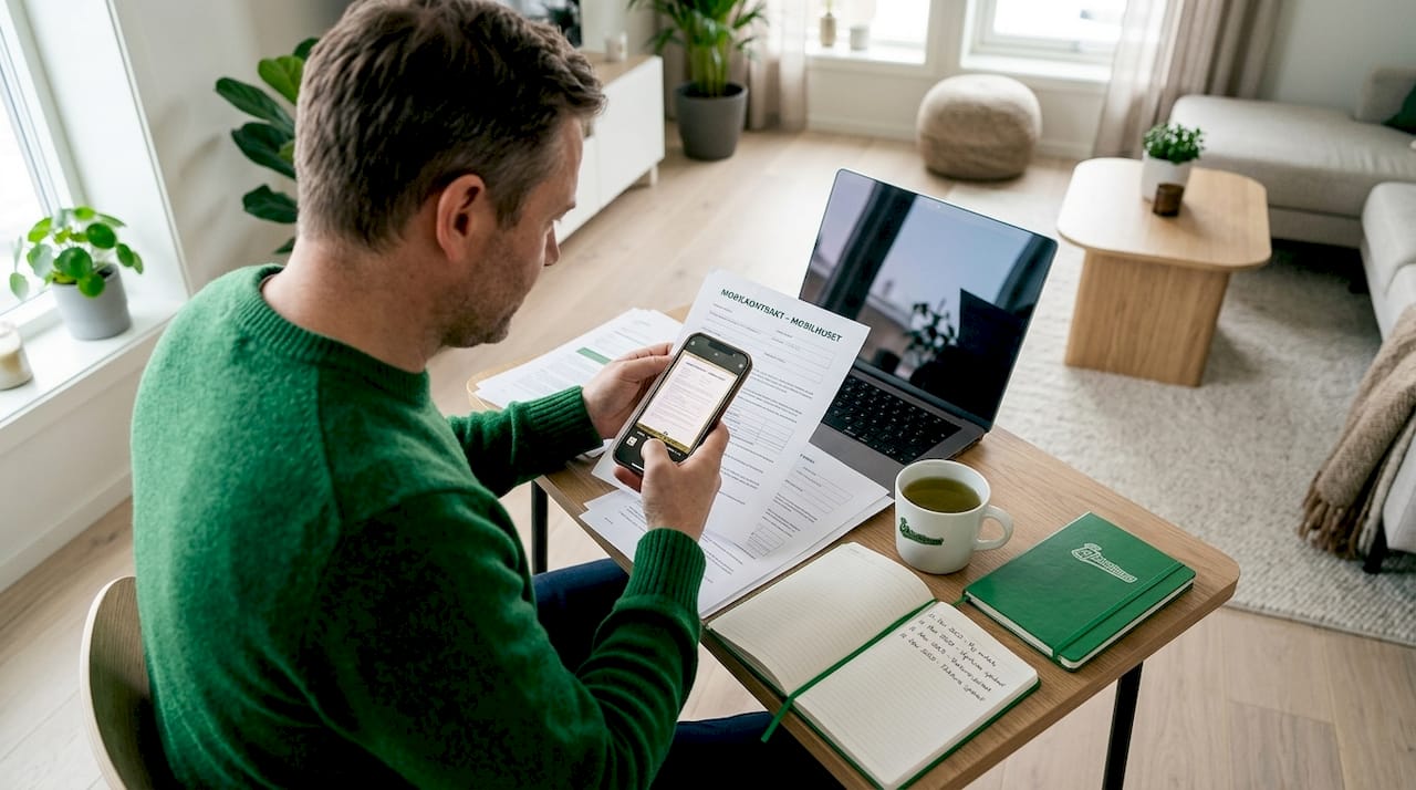 En mann går gjennom og dokumenterer vilkårene i mobilabonnementet sitt.