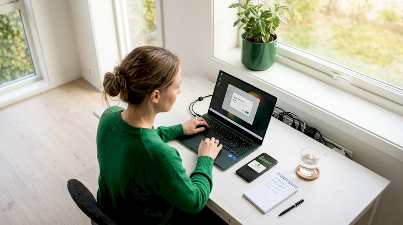 En kvinne sitter og jobber med både PC og mobil samtidig.