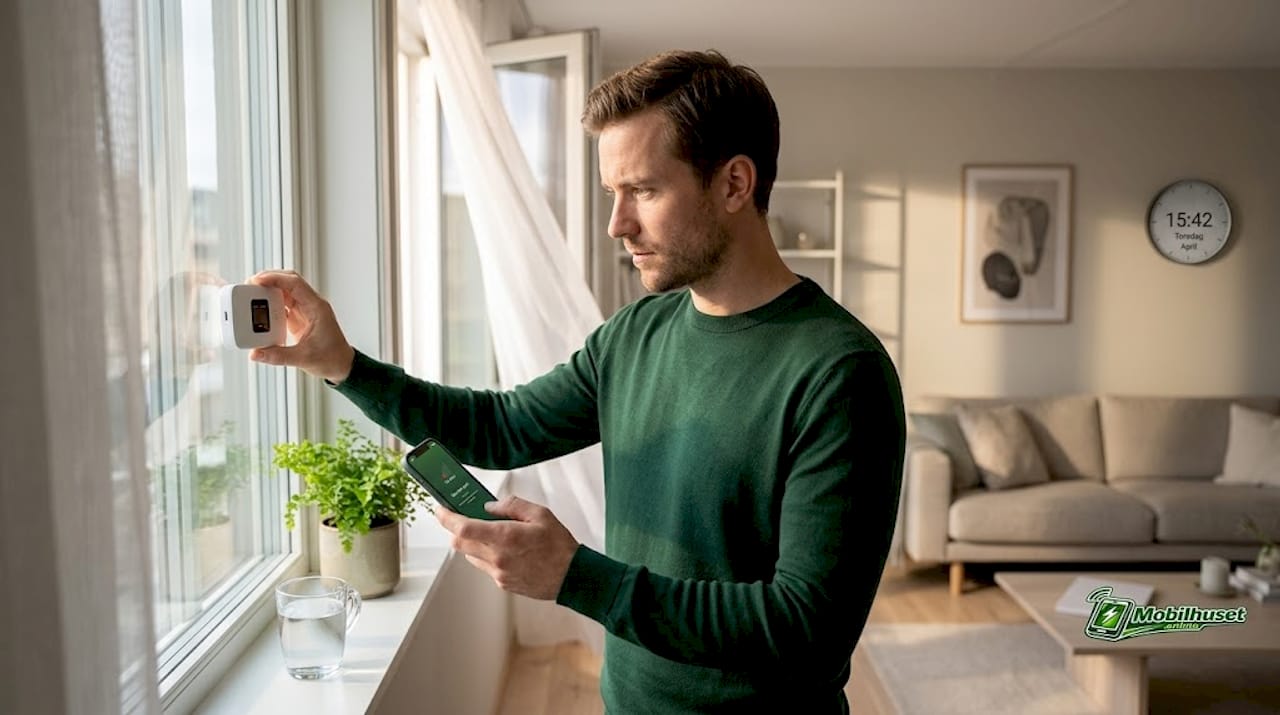 En mann står ved vinduet og løfter opp mobilruteren for å få bedre signal.