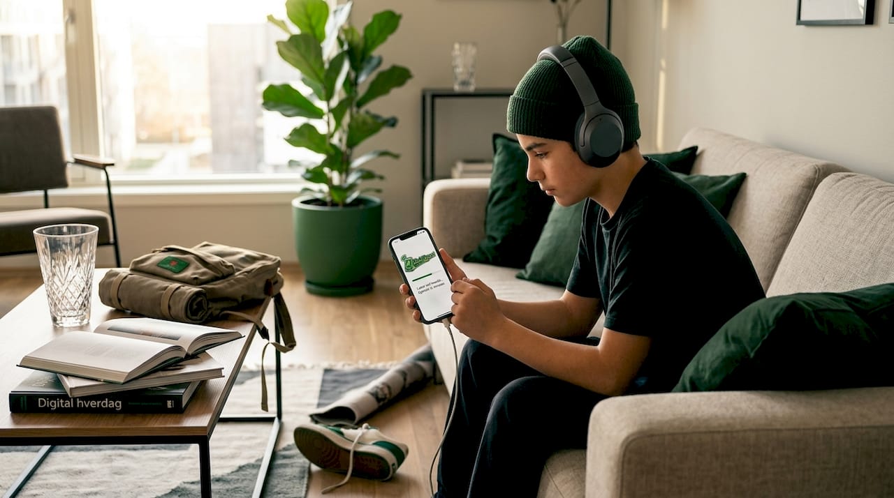 En tenåring sitter i stua og laster ned musikk på mobilen.
