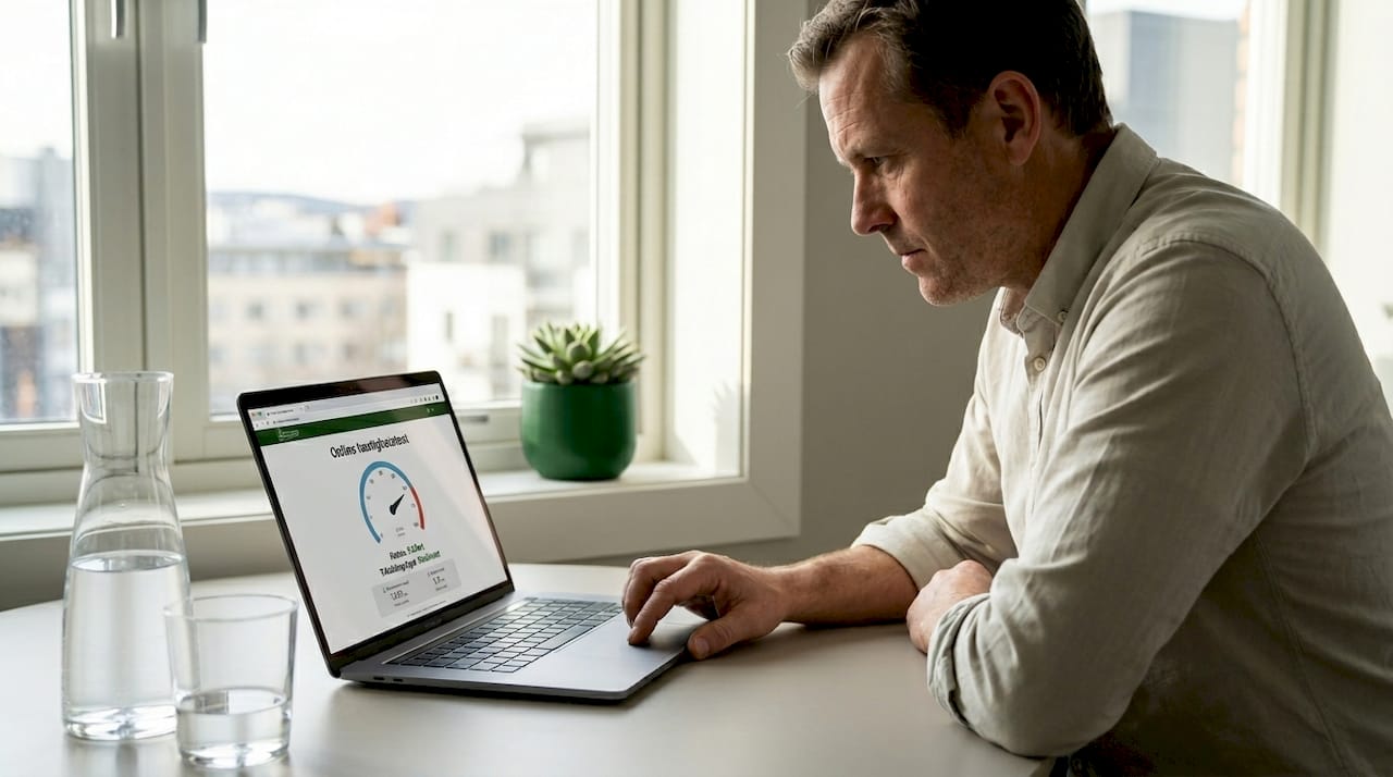 En mann sjekker hastigheten på fiberinternettet hjemme i leiligheten i byen.