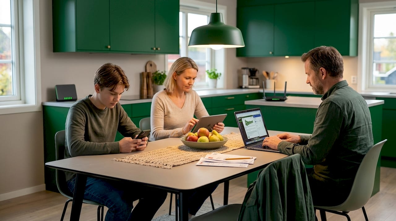 Hele familien surfer på nett med lynraskt fiber hjemme.