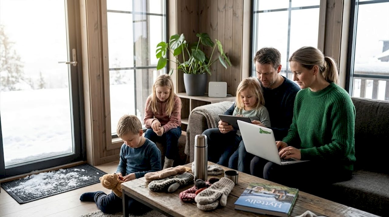 Familien har med seg mobilt bredbånd på hytta for å være på nett også når de er langt fra byen.