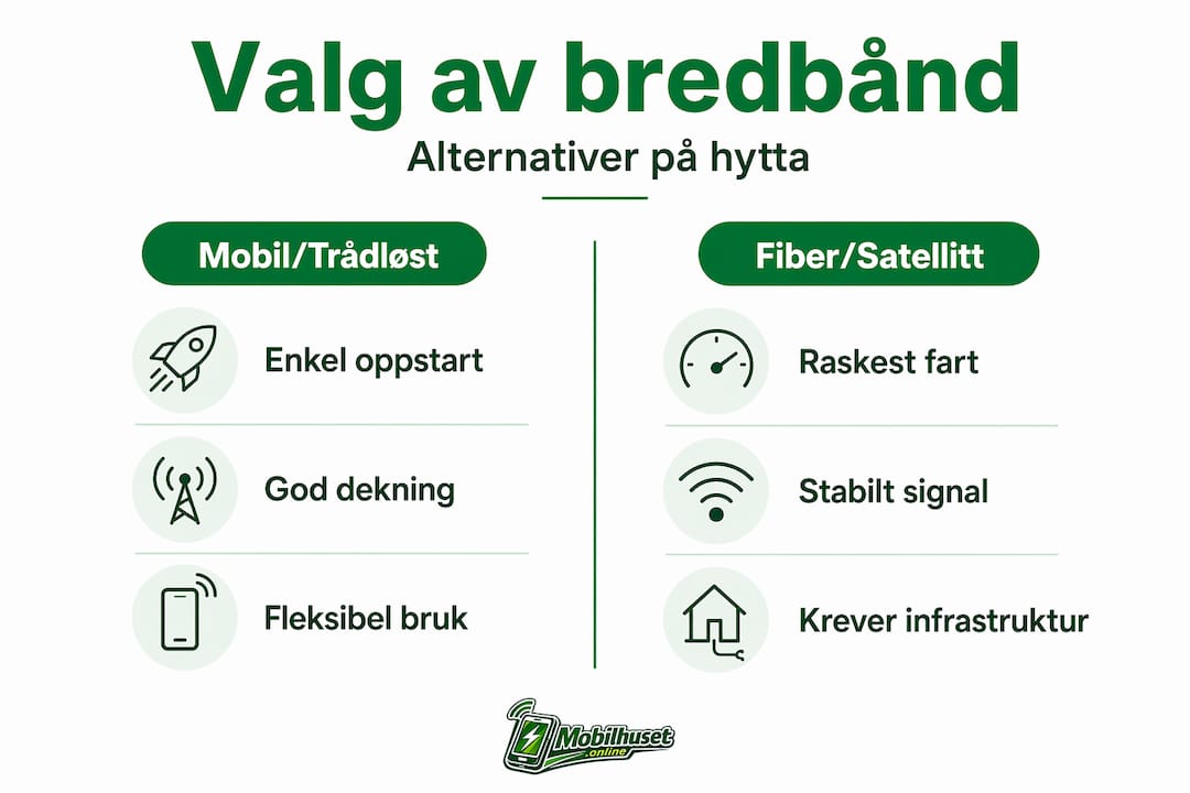 Grafisk oversikt over mobilnett, trådløst internett, fibernett og satellittbredbånd