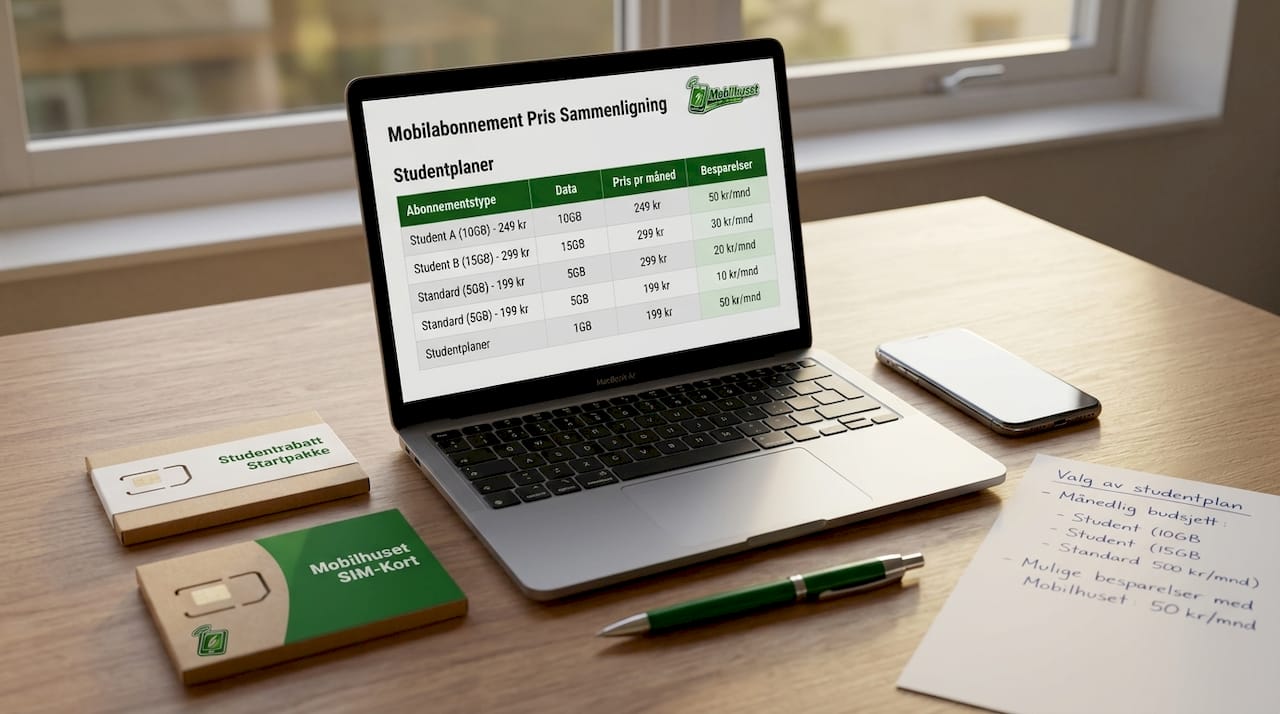 Skrivebord med laptop og SIM-kort, hvor ulike mobilabonnement sammenlignes