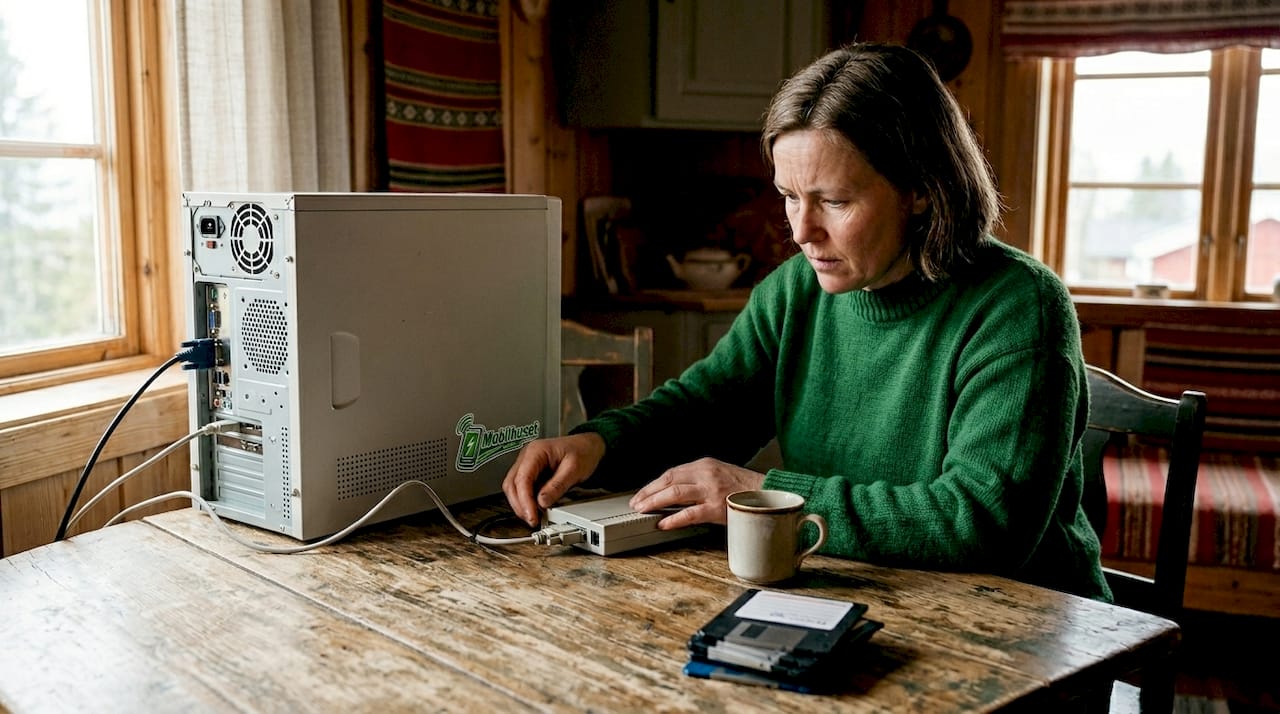 En kvinne sitter på kjøkkenet og kobler den stasjonære PC-en til nettet med et gammeldags oppringt modem.
