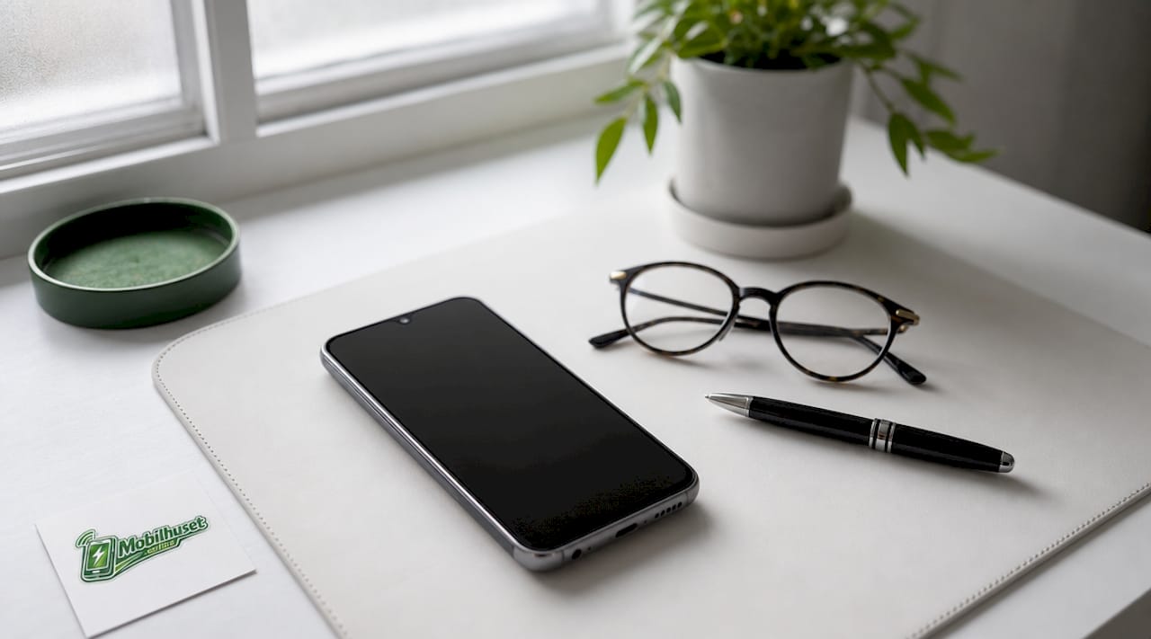 En Samsung Galaxy A16 LTE ligger på skrivebordet ved siden av et par briller.
