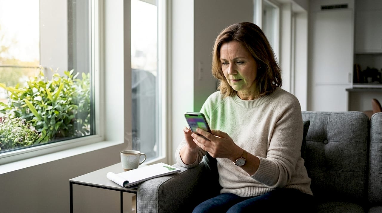 En kvinne sitter ved kjøkkenbordet og sjekker familiens databruk på mobilen.