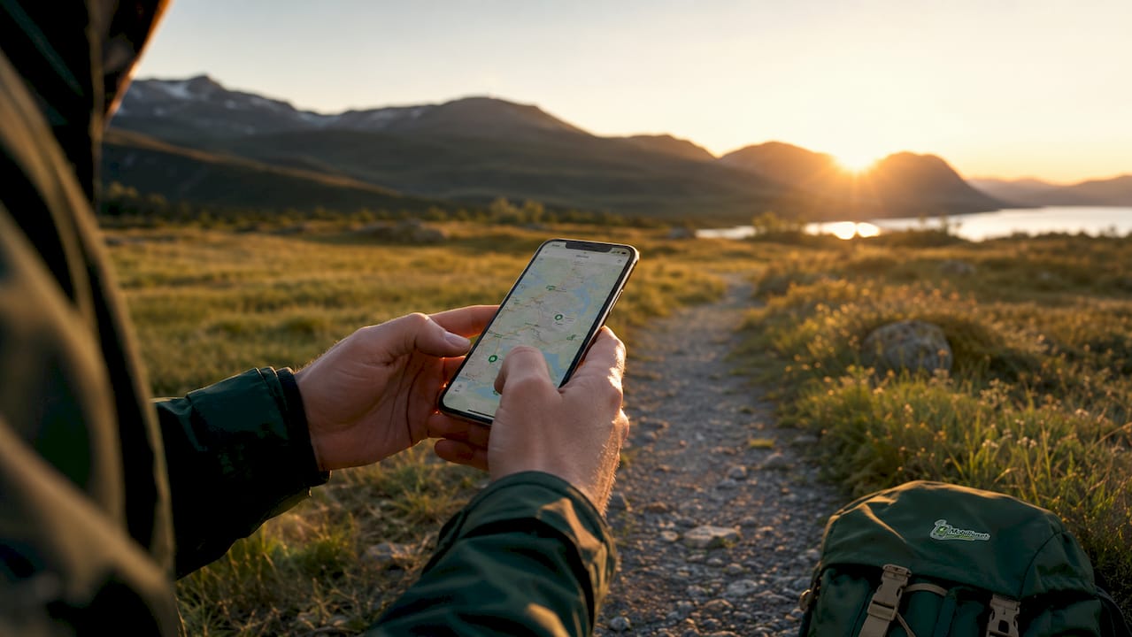 En person står ute i skogen og holder en smarttelefon med et kart over nettverk på skjermen.